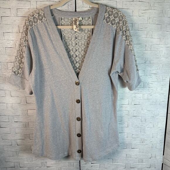 Aventura Short Sleeve button down Knit lace Cardigan floral feminine organic - Picture 1 of 10